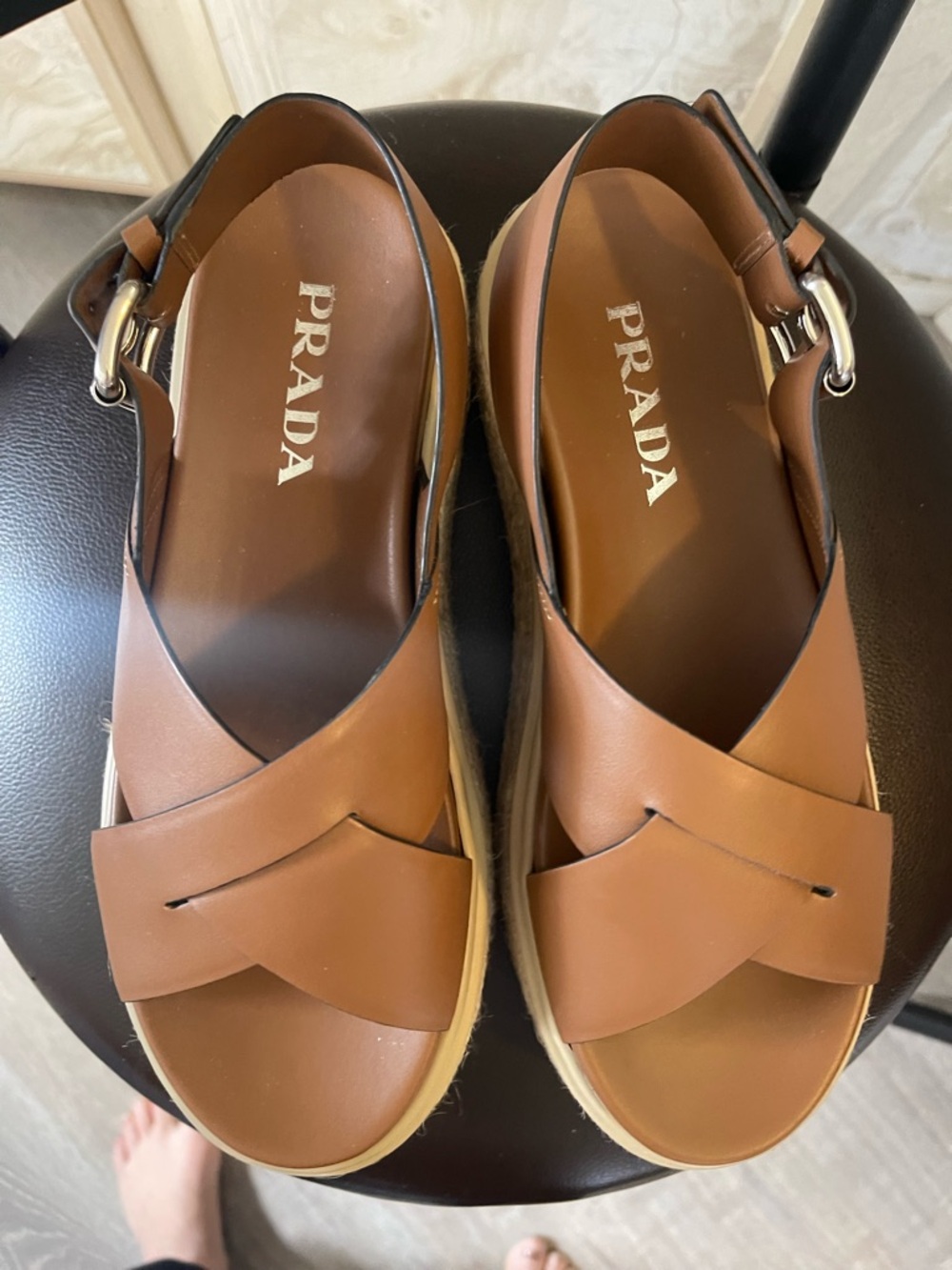 Prada Leather Platform Sandals 37 1/2 like new - Picture 2 of 9